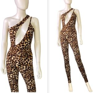 Sexy Leopard animal print asymmetrical cutout jersey jumpsuit one piece S
